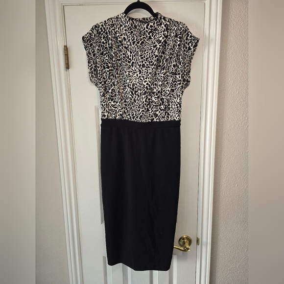 express draped mock neck midi sheath dress Draped Mock Neck Midi Sheath Dress Black and white size Medium